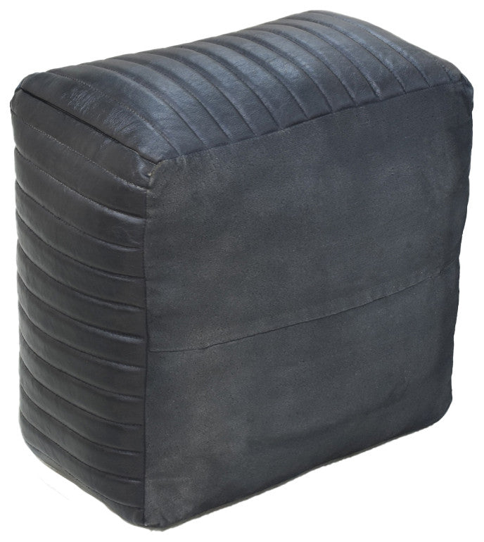 Poufs-Solid Handmade Goat Leather Pouf, Recycled Cotton Fill, Black, Square, 21x21x12