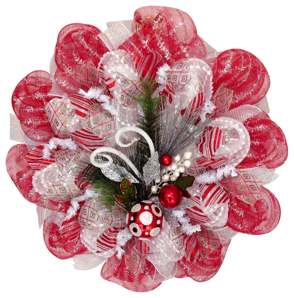 Red, Silver, White Raz Ornament Spray Holiday Handmade Deco Mesh Wreath