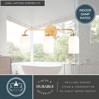 Shelby 3-Light Gold Brass Transitional Bathroom Vanity Fixture White Glass