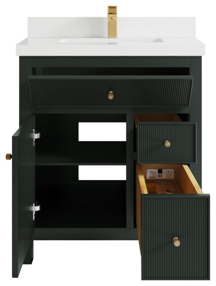 Sonoma 30 Single Sink Reeded Bath Vanity in Dark Forest Green 1.5" White Quartz