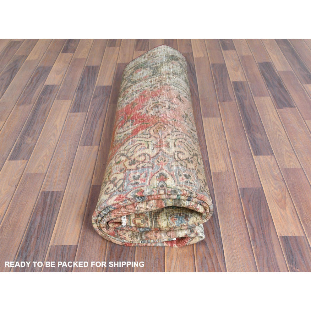 Apricot Color Worn Wool Hand Knotted Vintage Persian Kashan Rug 6'10" x 10'6"