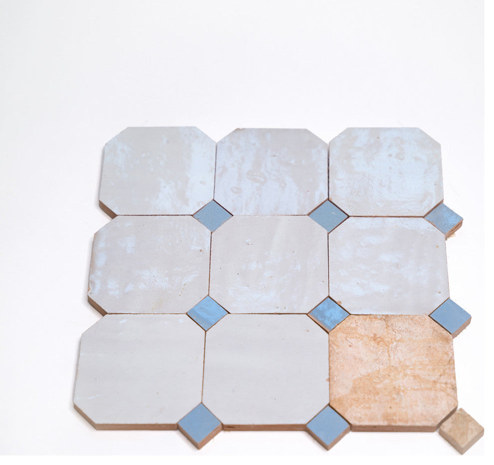 Contemporary Zellige Tile, Off-White With Blue, 8-Panels 12x12"