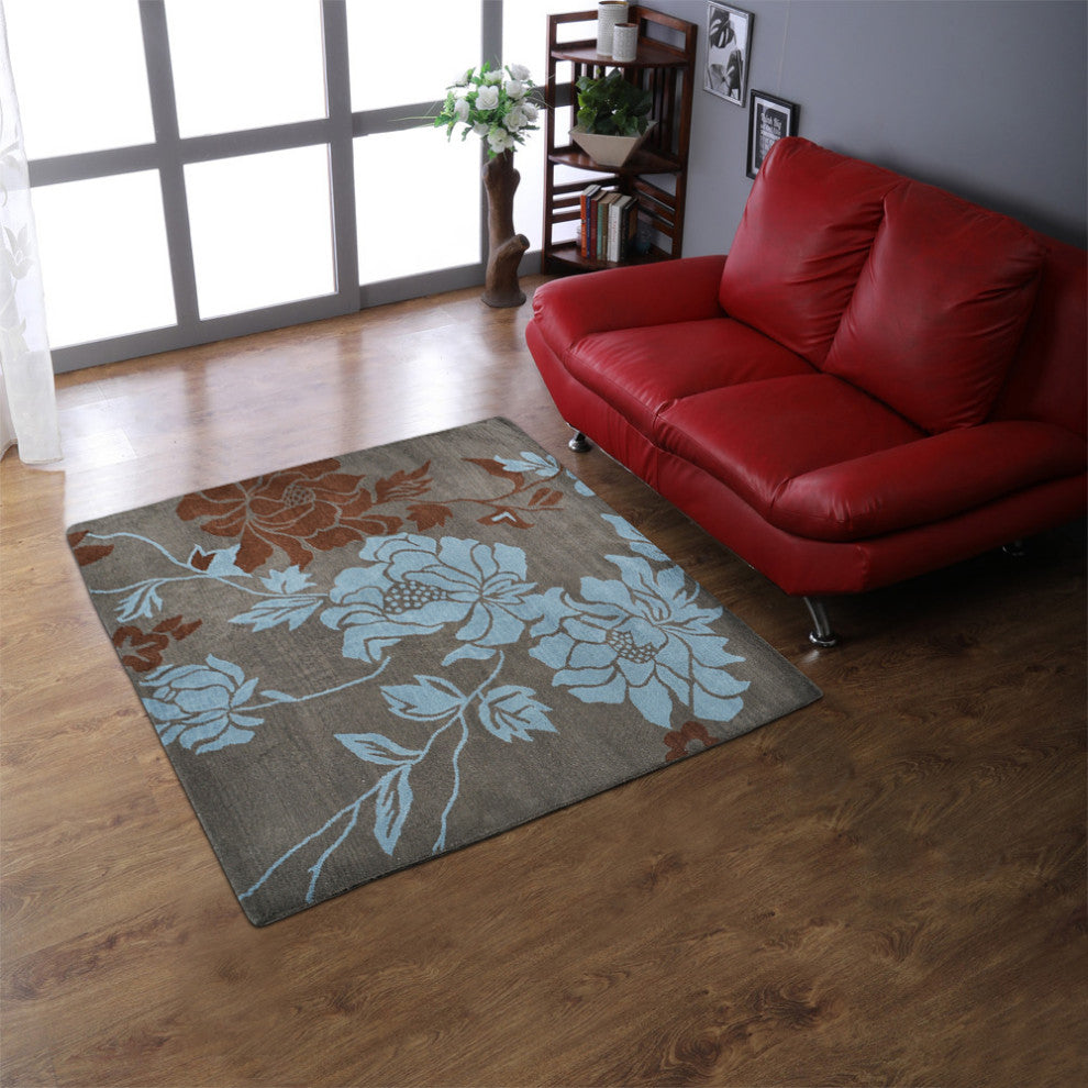 HAND TUFTED WOOL ECO-FRIENDLY AREA RUGS - Square,Gray Blue,Floral