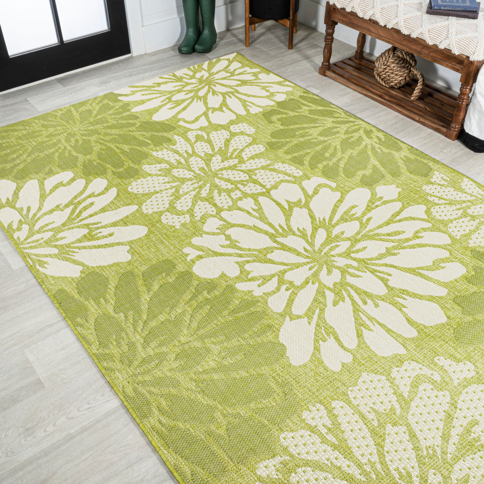 Zinnia Modern Floral Textured Weave Indoor/Outdoor, Green/Cream, 5x8