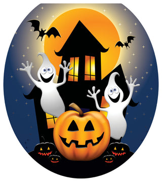 Ghost House Toilet Tattoos Seat Cover, Vinyl Lid Decal, Halloween Bathroom, Round