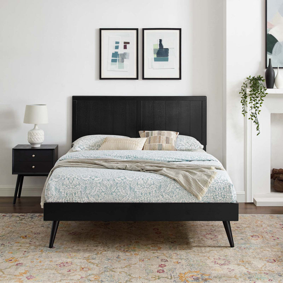Platform Bed Frame, King Size, Wood, Black, Modern Mid-Century, Bedroom Master