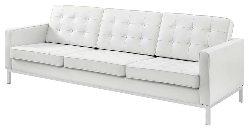 Modern Armchair and Loveseat Sofa Set, Genuine Leather, White