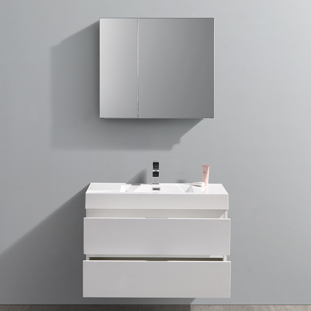 Valencia 36" Glossy White Wall Hung Vanity Set, Cabinet, Faucet, FFT9151BN