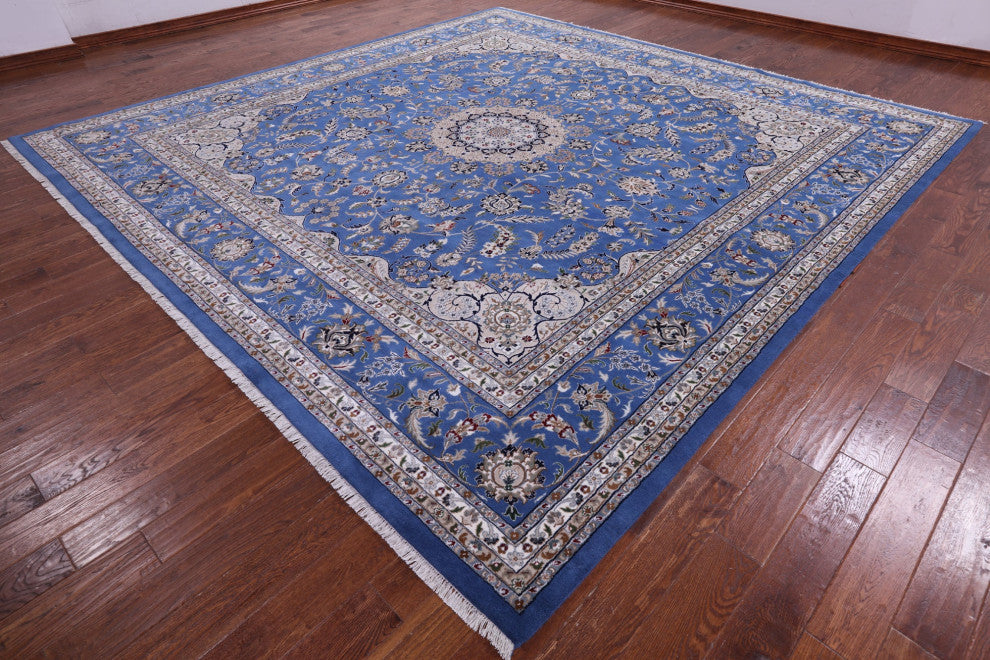 12' Square Wool & Silk Persian Nain Handmade Rug - Q14880