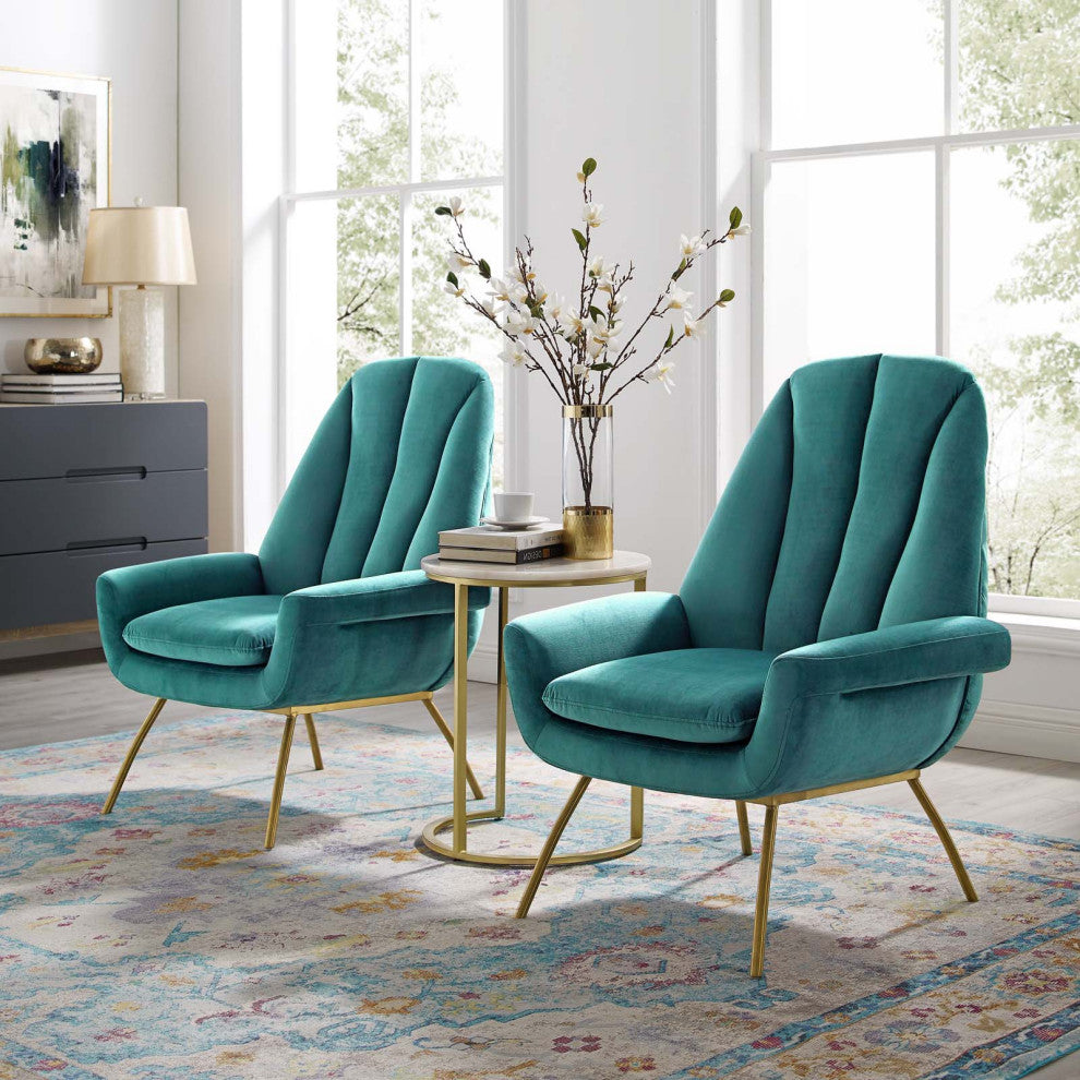 Armchair Accent Chair, Set of 2, Velvet, Metal, Teal Blue, Modern, Lounge