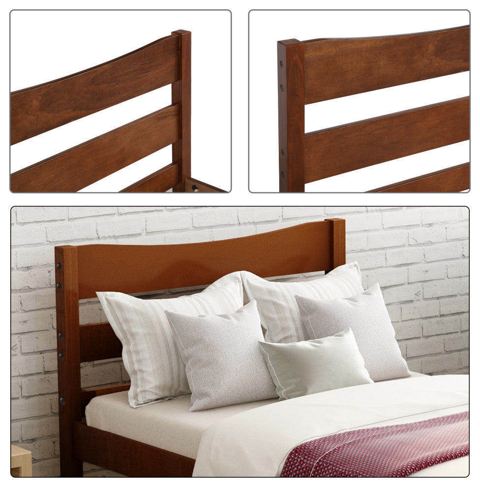 Wood Platform Bed with Headboard and Wooden Slat Support, Walnu