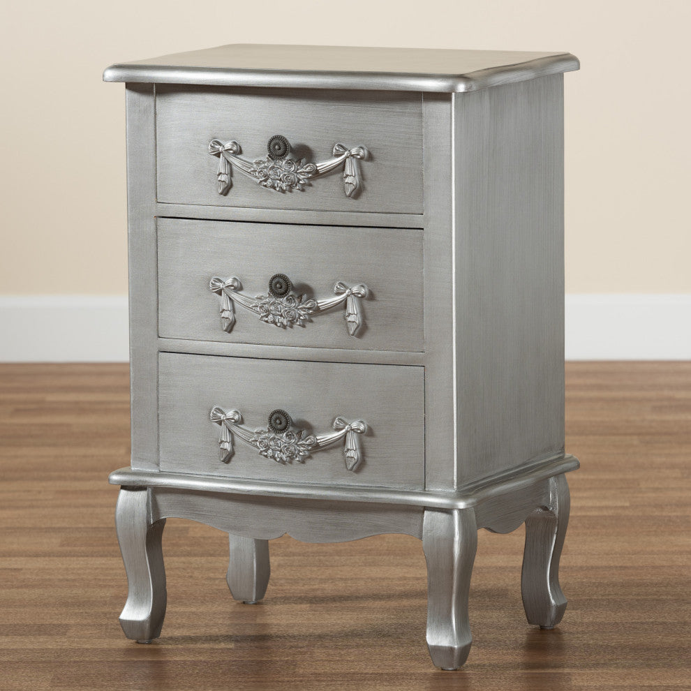 Callen Classic and Traditional Brushed Silver Finished Wood 3-Drawer Nightstand
