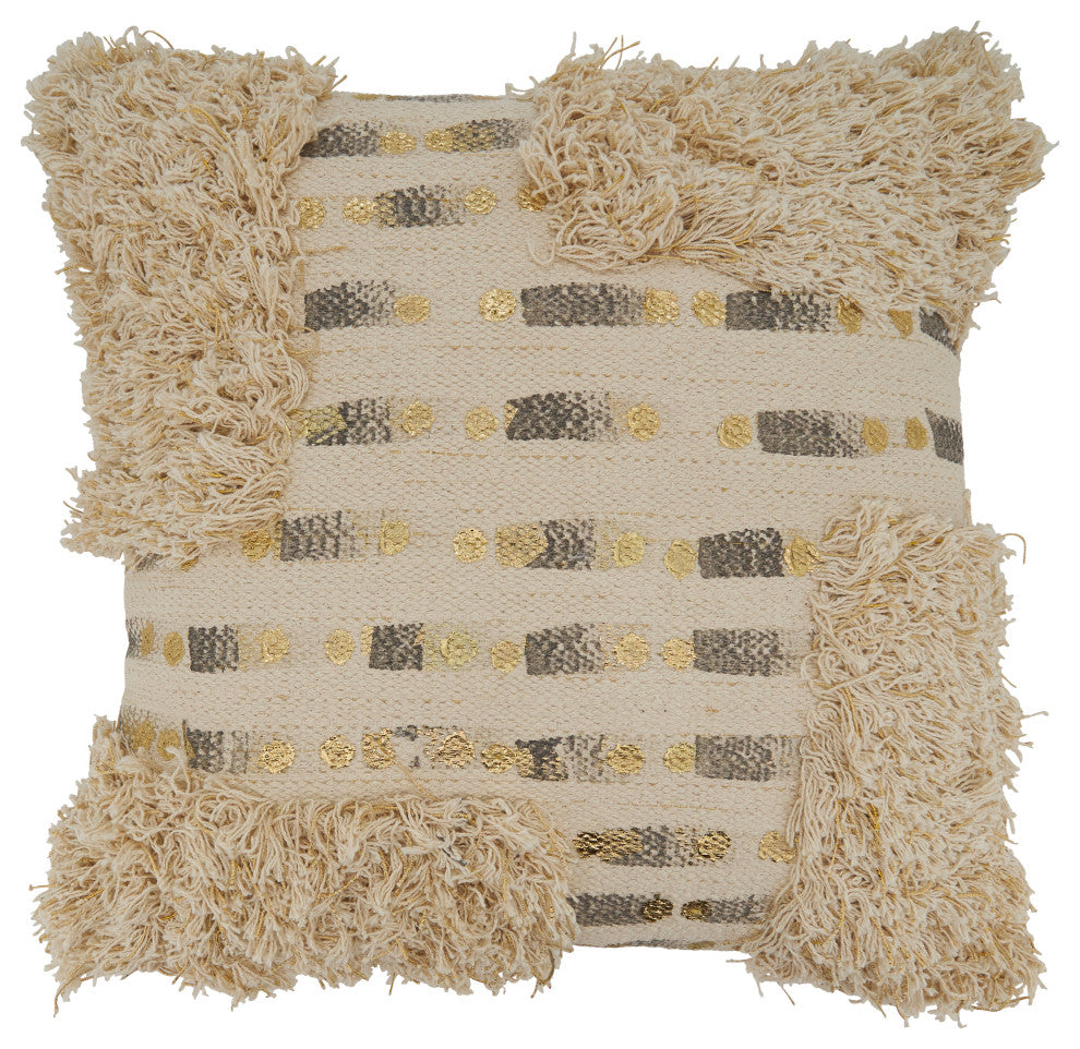 Tufted Pillow Cover With Foil Print Design, 18"x18", Natural