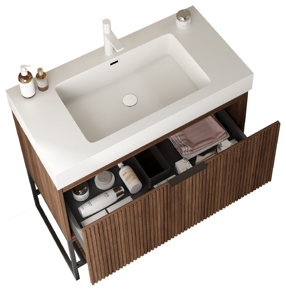 Plywood Freestanding Bathroom Vanity Set with Integrated Acrylic Sink, Walnut, 36in