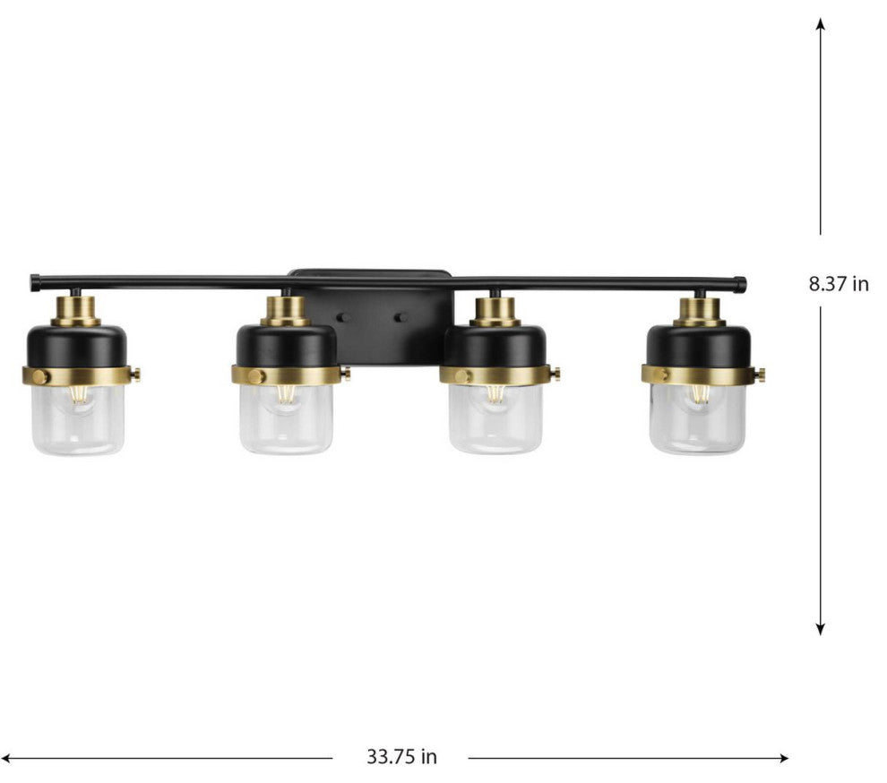 Beckner 4-Light Matte Black Clear Glass Bath Light With Vintage Brass Accents
