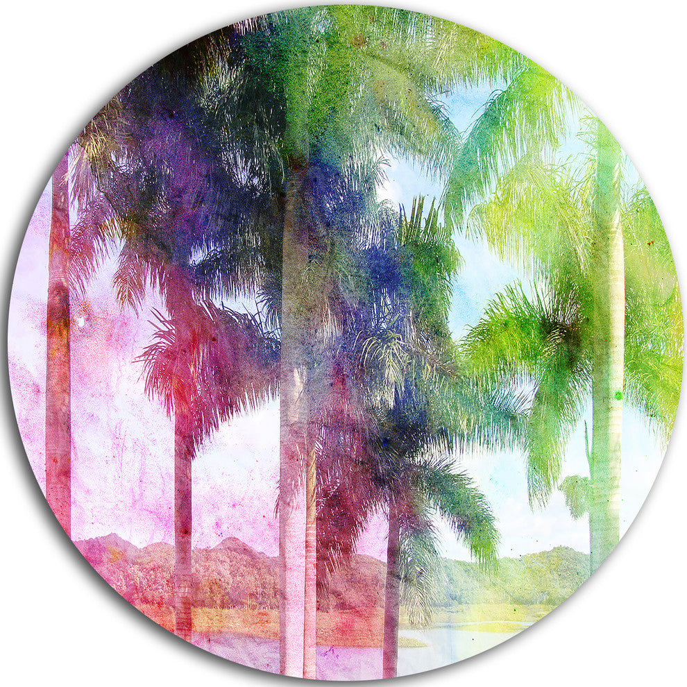 Green Retro Palm Trees, Landscape Painting Round Wall Art, 23"