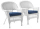 Outdoor Set of 2 Lounge Chairs, White Wicker Frame with Blue Cushions