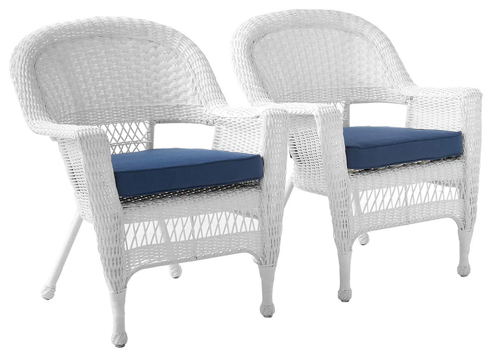 Outdoor Set of 2 Lounge Chairs, White Wicker Frame with Blue Cushions