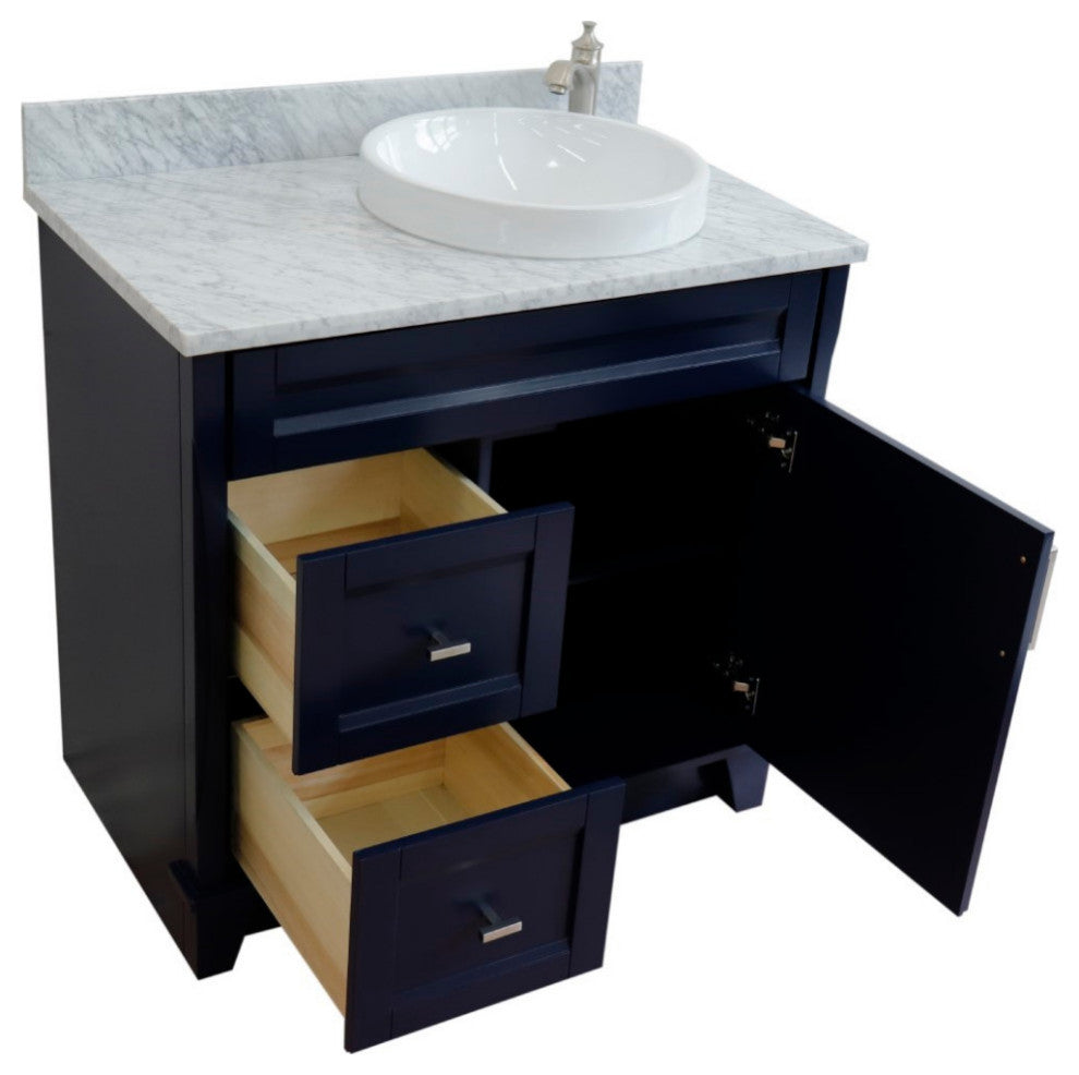 37" Single Sink Vanity, Blue Finish With White Carrara Marble