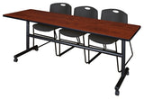 Kobe 84" Flip Top Mobile Training Table, Cherry and 3 Zeng Stack Chairs, Black