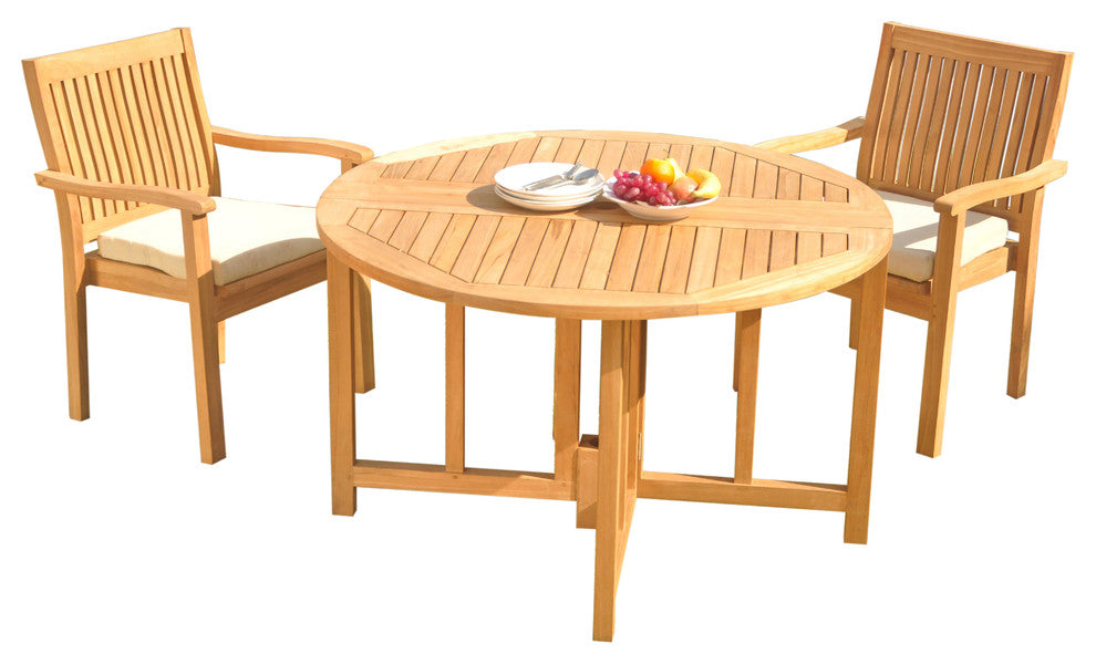 3-Piece Outdoor Teak Dining Set: 48" Butterfly Table, 2 Leveb Stacking Arm Chair
