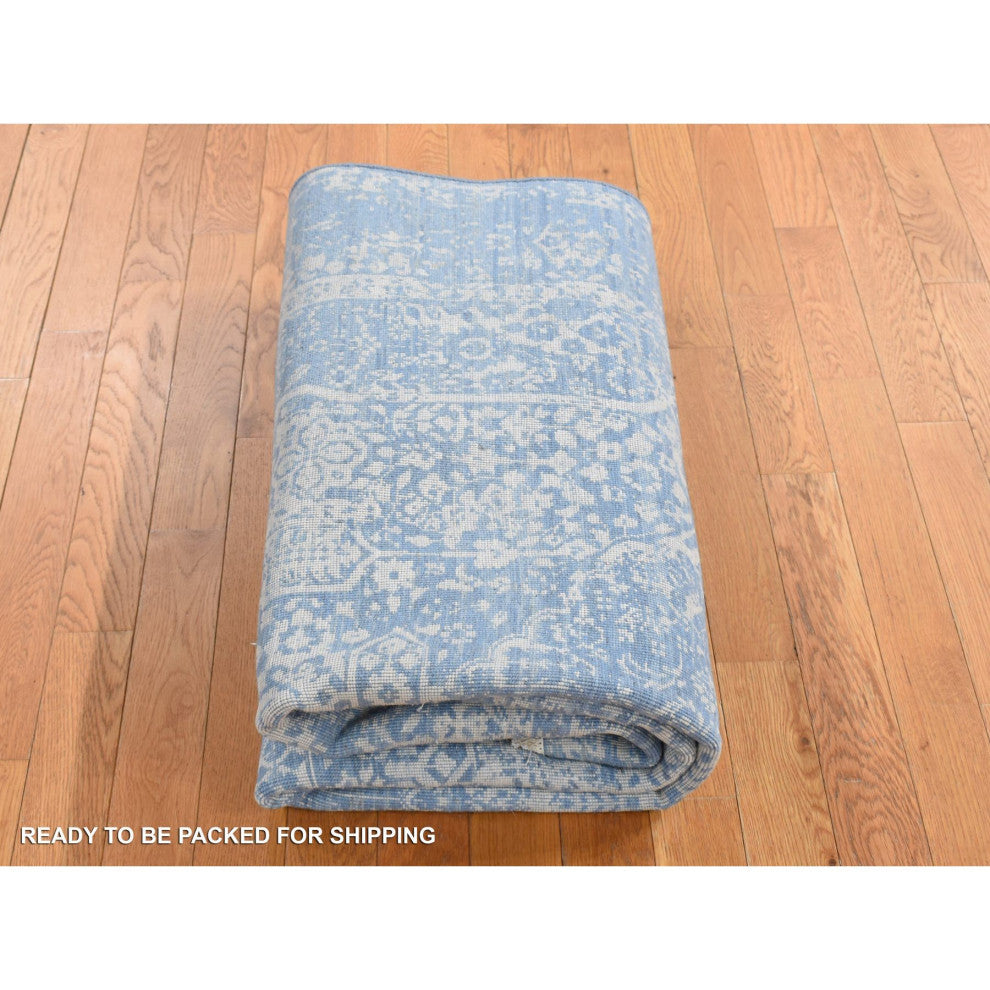 Blue Hand Knotted Broken Persian Design Wool and Pure Silk Rug, 5'1"x7'