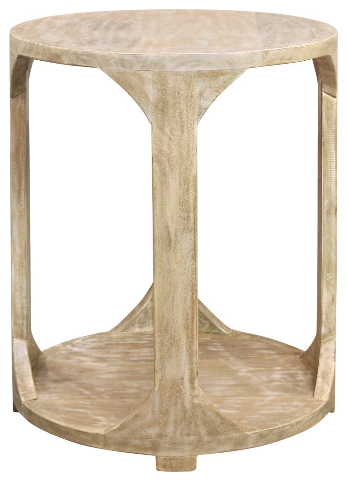 Jenna Coastal Round End Table With Shelves, Natural Solid Wood