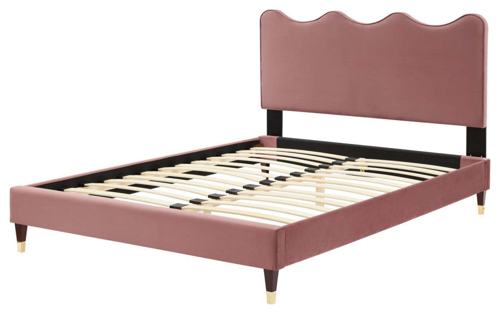 Platform Bed Frame, King Size, Pink, Velvet, Modern, Bedroom Master Guest Suite