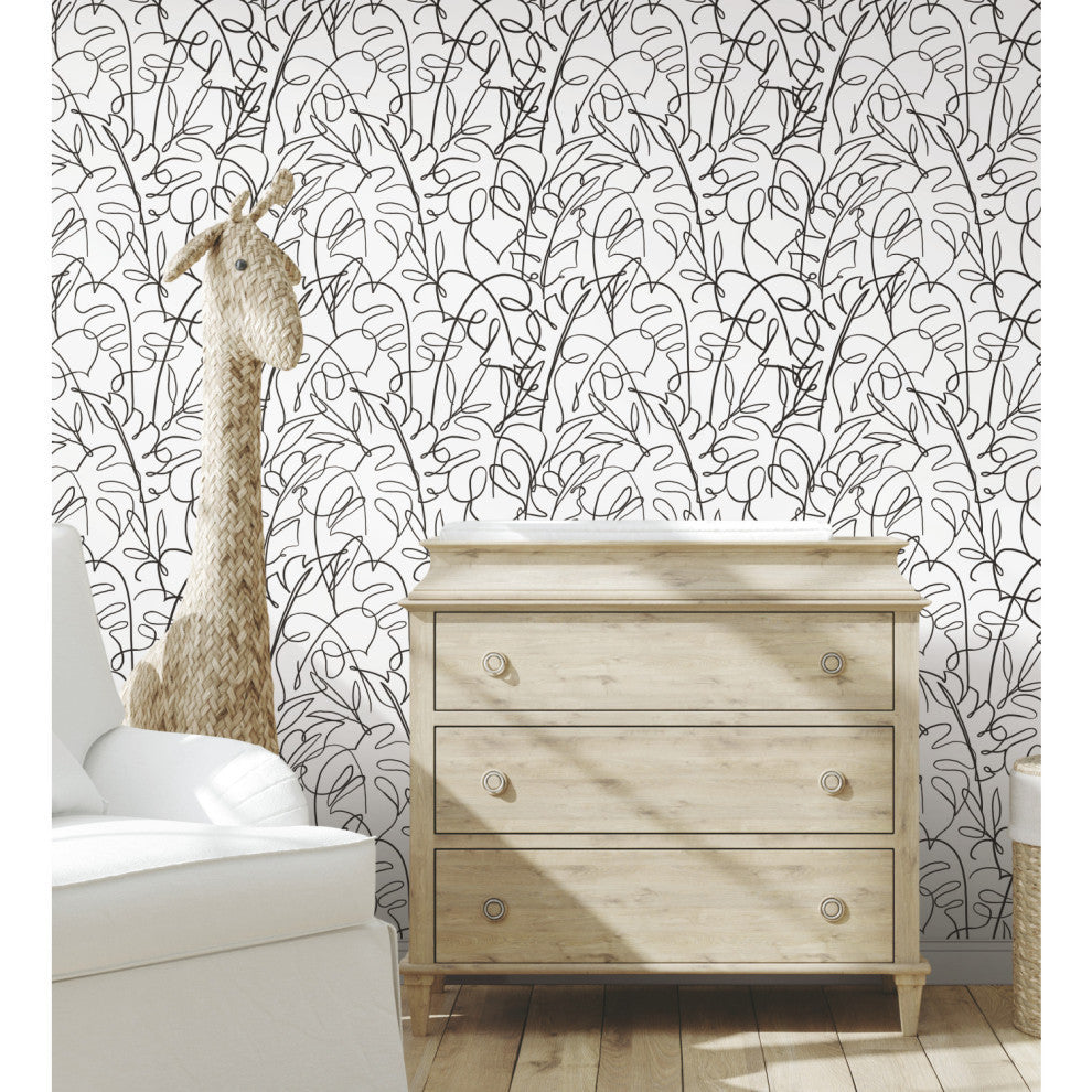 White and Black Tropical Signature Peel and Stick Wallpaper Black By Roommates
