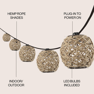 10-Light Indoor/Outdoor 10 ft C7 Globe Hemp Rope Shaded String Lights, Brown