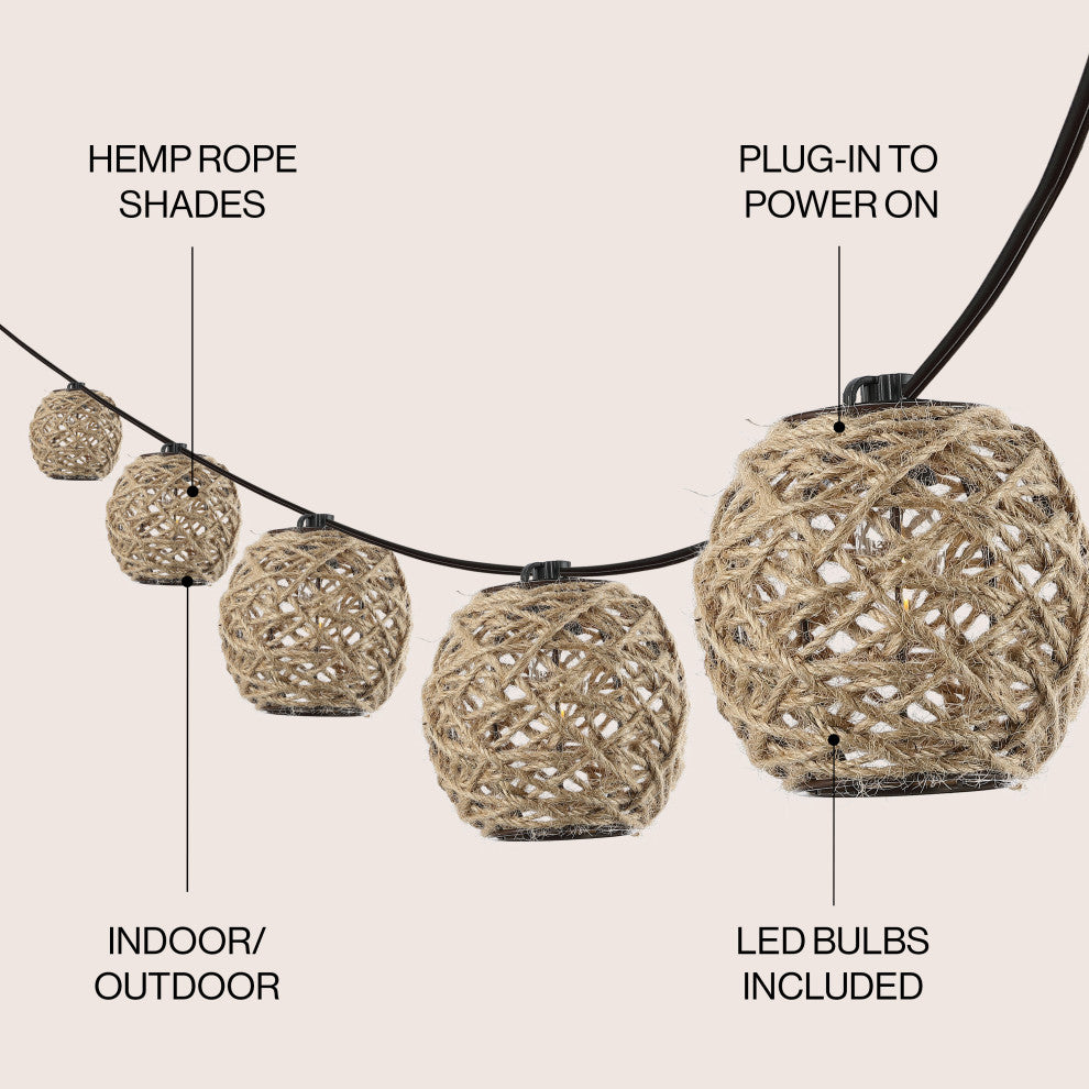 10-Light Indoor/Outdoor 10 ft C7 Globe Hemp Rope Shaded String Lights, Brown