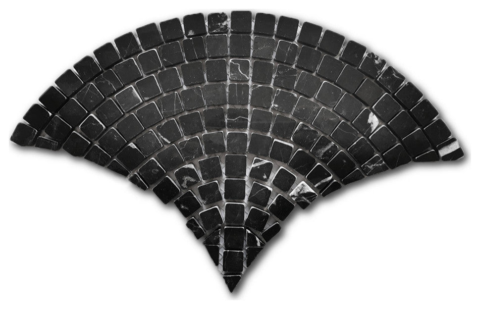 Nero Marquina Black Marble Fish Scale Scallop Fan Mosaic Tile Honed, 1 sheet