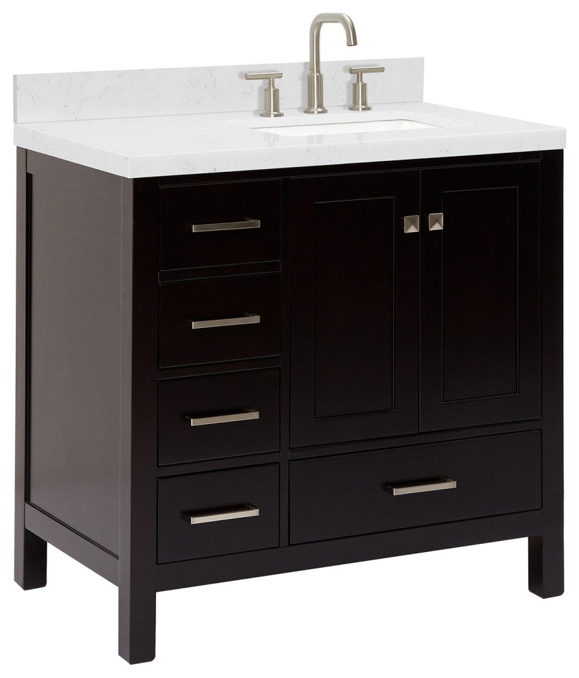 Ariel Cambridge 36" Right  Single Rectangle Sink Vanity, Carrara Quartz, Espresso