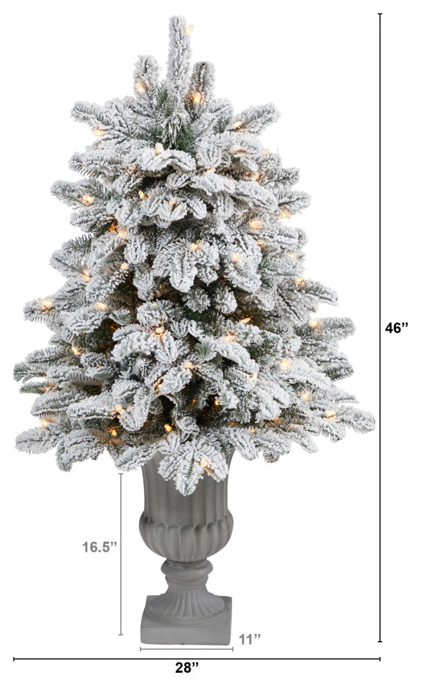 46" Flocked North Carolina Fir Faux Xmas Tree W/Lights & Bendable Branches, Urn