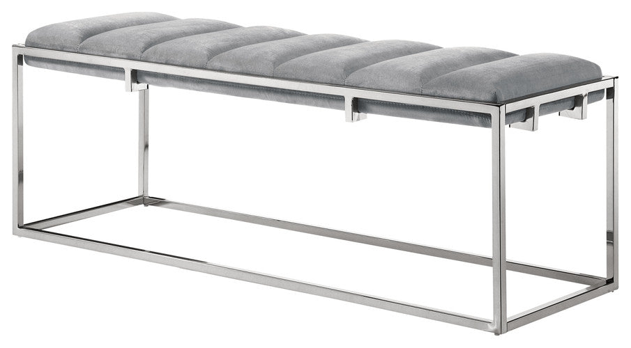 50" Gray And Silver Upholstered Velvet Bench