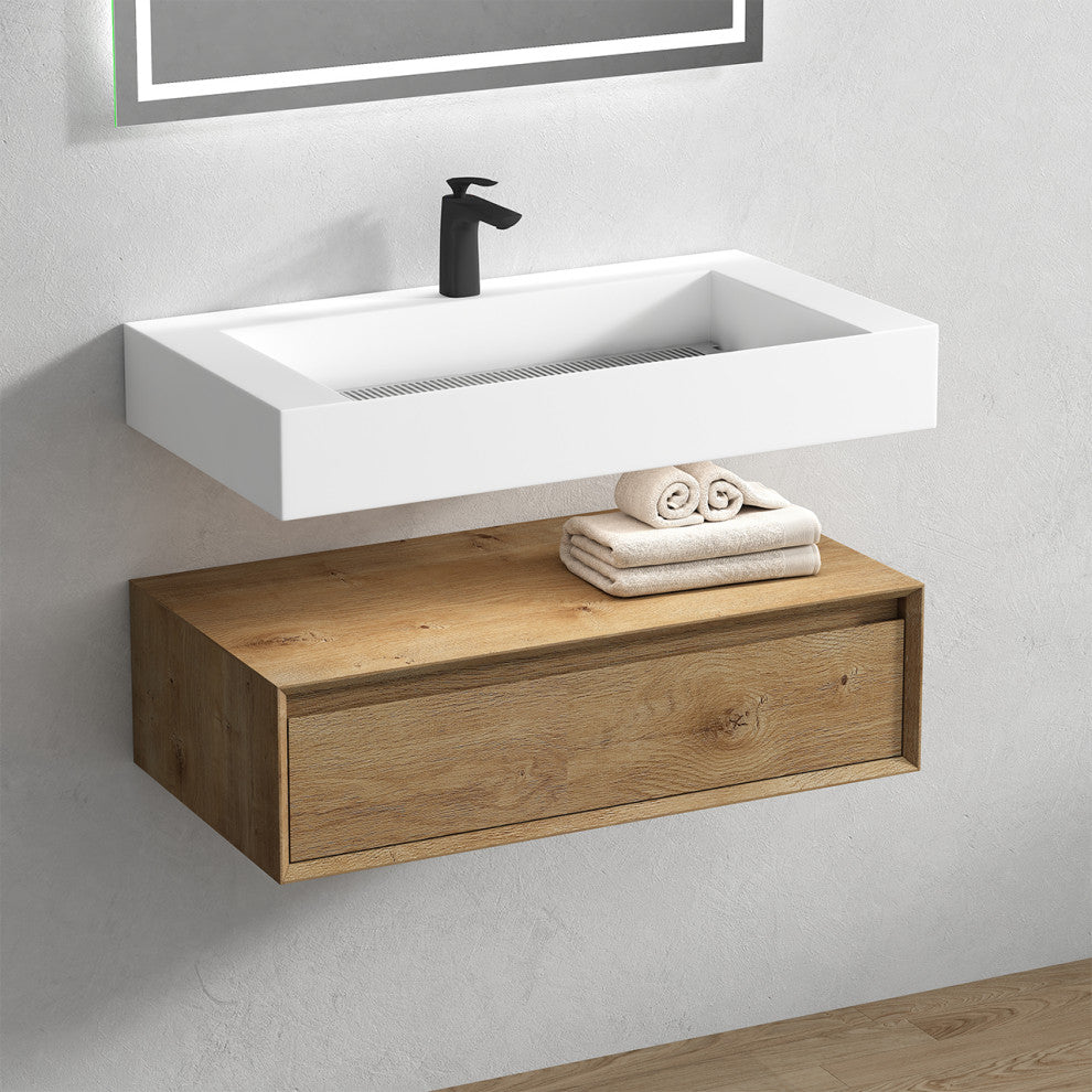 Alysa 36" Floating Bath Vanity, Acrylic Sink/Single Faucet Hole, White Oak
