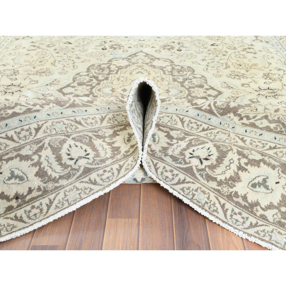 Ivory Hand Knotted Vintage Persian Kashan Worn Wool Oriental Rug 7'7" x 10'1"