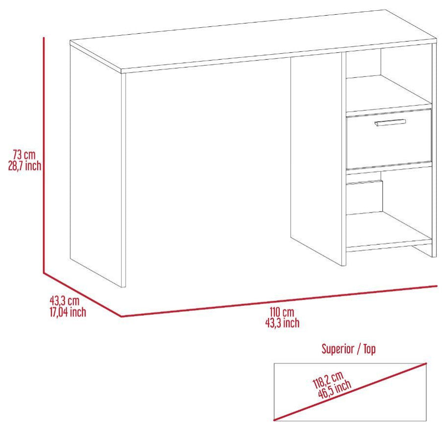 Naxos Computer Desk with Drawer, 2 Open Storage Shelves, and Legs, Smokey Oak