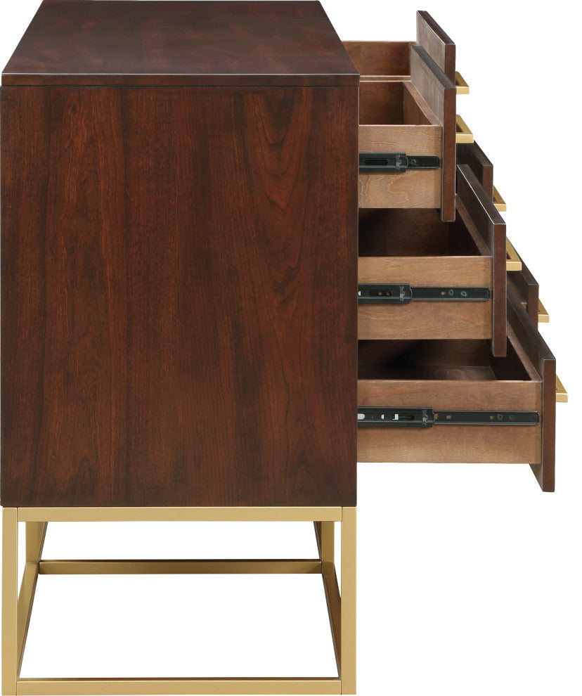 Maxine Wood Dresser With Durable Brushed Gold Metal Base, Dark Cherry Finish