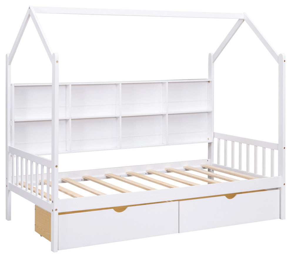 Gewnee Wood Twin Size House Bed with Drawers for Kids in White