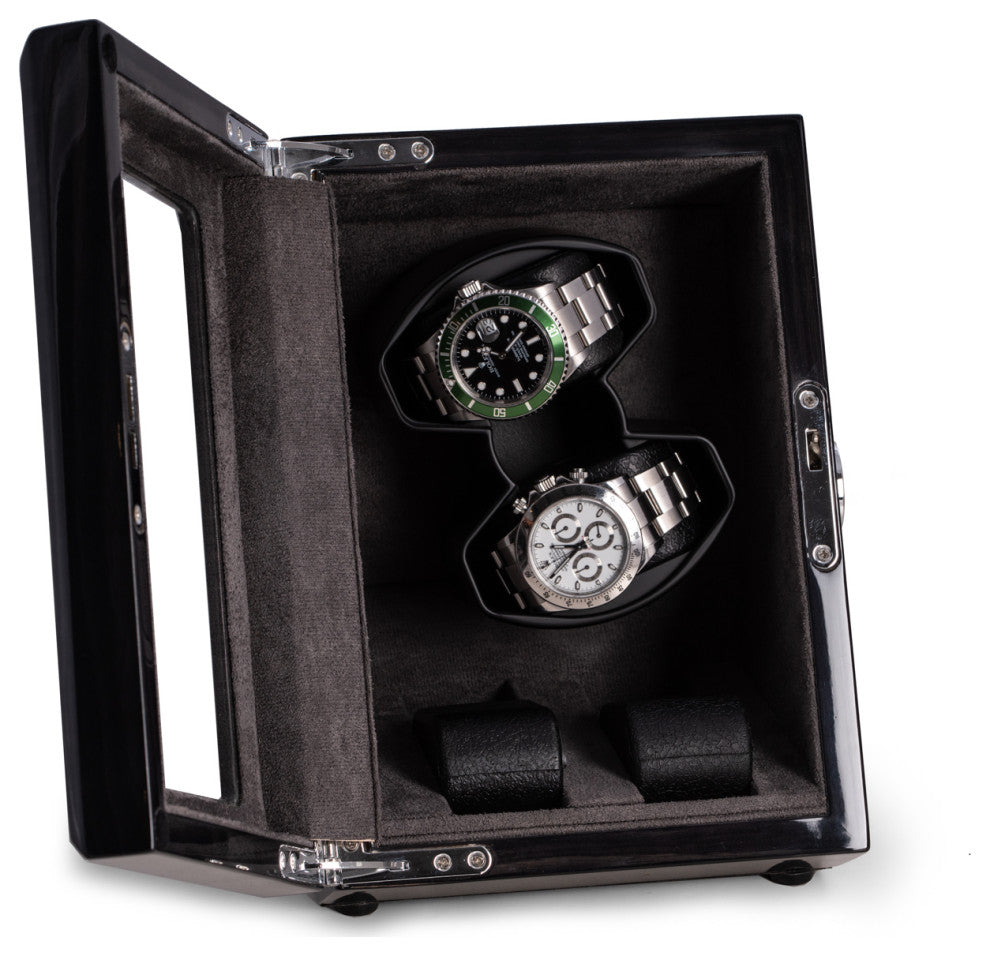 Ash Wood High Lacquer 2 Watch Winder and 2 Watch Storage Case, Glass Top