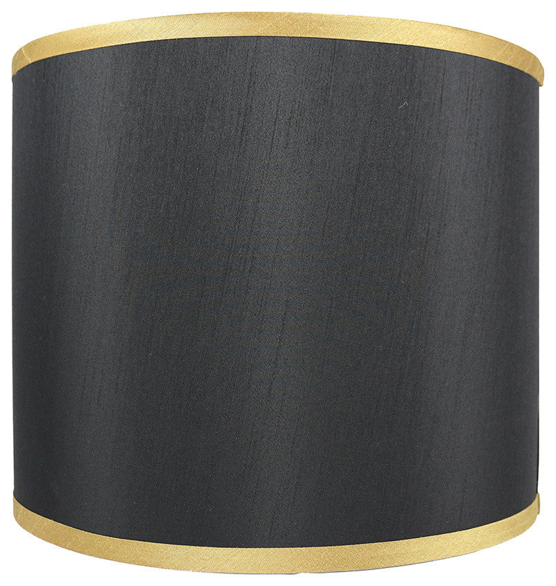 Black with Gold Trim Faux Silk Classic Drum Lampshade, 12"x12"x12"