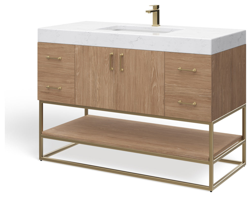 Bahia Bath Vanity, Oak, 48", Brushed Gold Hardware, Single, Freestanding