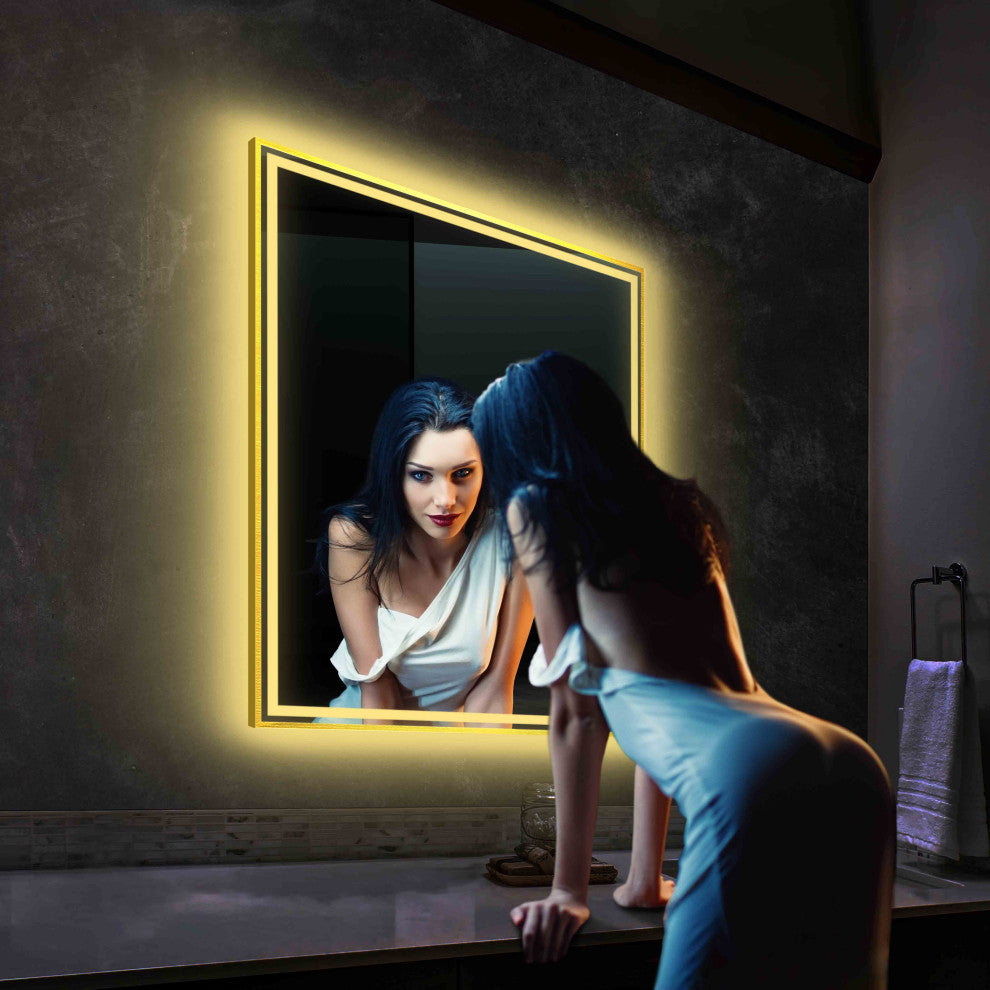 Fogless, Dimmable, Color Temperature Adjustable LED Mirror, Brush Gold, 30x36