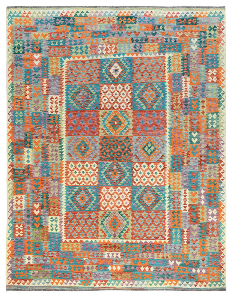 Colorful, Veggie Dyes Organic Wool Hand Woven, Afghan Kilim Rug, 9'9"x13'0"