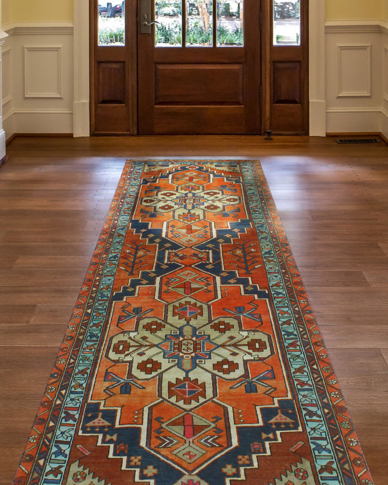 Fine Vintage Distressed Zouhir Rust/Light Blue Runner, 3'8x10'10
