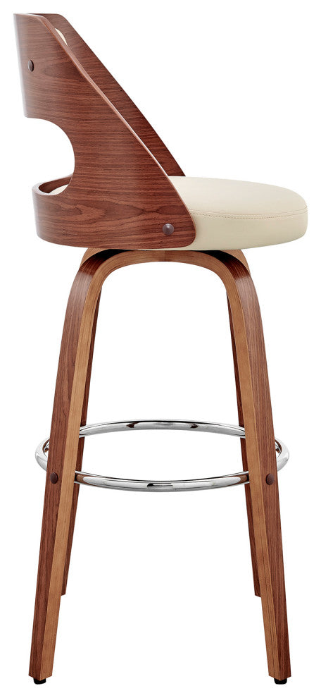 Julius Faux Leather and Wood Bar Stool, Cream and Walnut, 26"