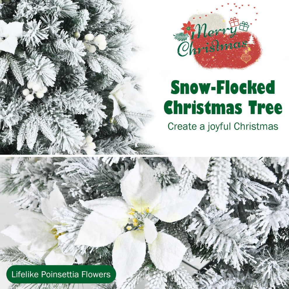 Costway 6ft Snow Flocked Christmas Pencil Tree w/ Berries & Poinsettia Flowers