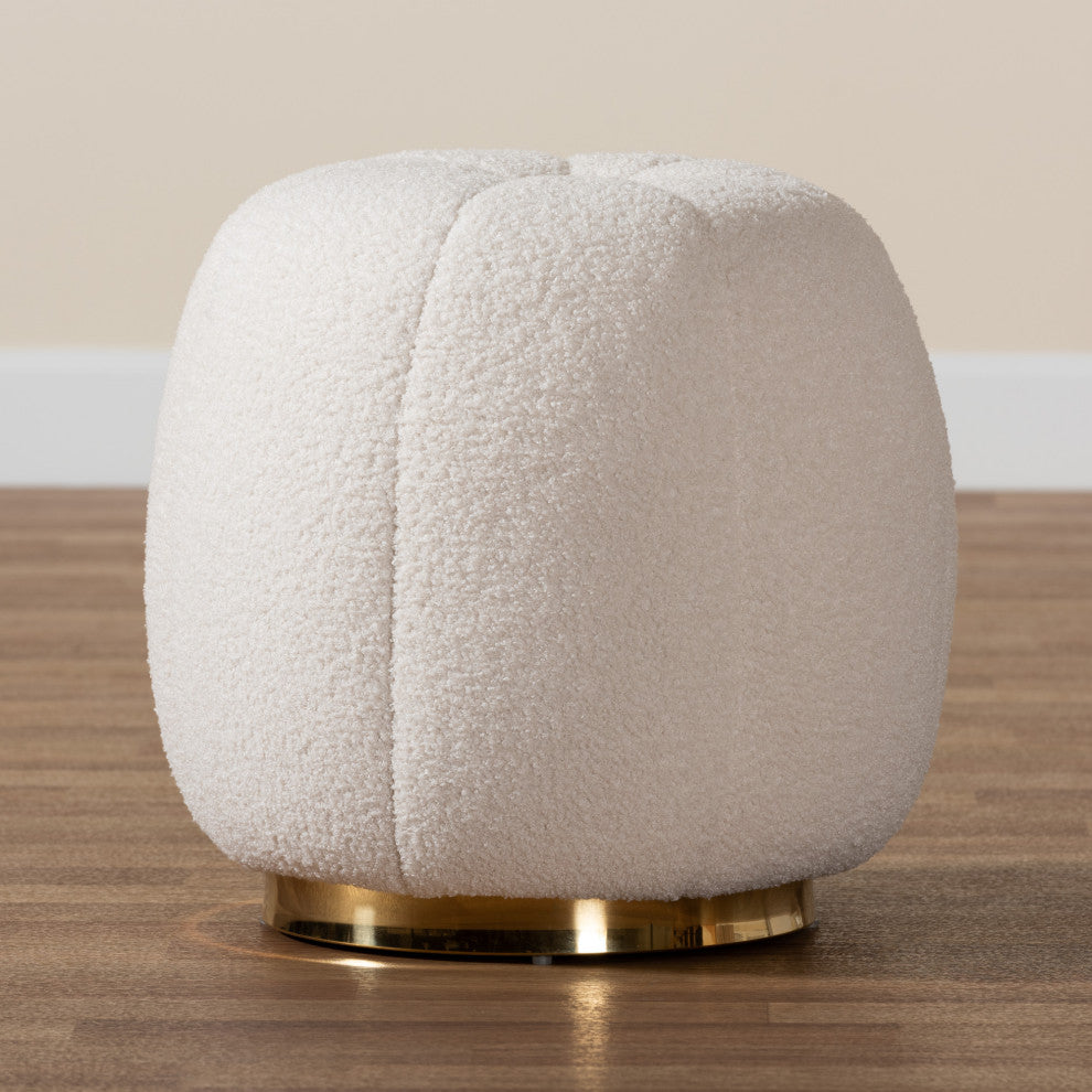 Raelynn Modern and Contemporary Ivory Boucle Upholstered and Gold Metal Ottoman
