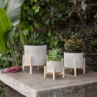 6" Ceramic Tribal Planter With Wood Stand, Beige